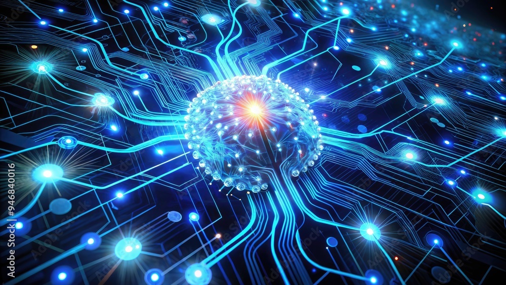 Poster a futuristic neural network of glowing blue circuits and fibers pulsates with energy, illuminating a