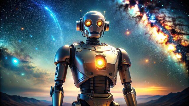 A futuristic robot with a retro aesthetic, featuring glowing eyes and metallic limbs, stands against a starry night sky, exuding a sense of nostalgia and technological advancement.
