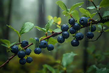 Wild blueberries are growing on a branch in a rainy forest