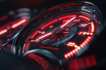Red speedometer showing the needle reaching its maximum value, indicating a very high speed