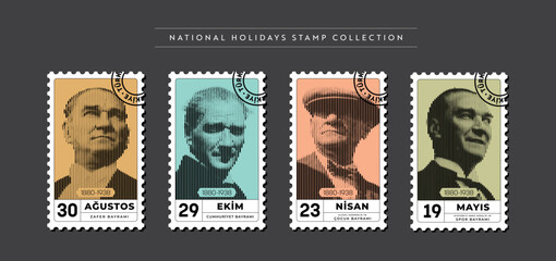National Holidays Stamp Collection -Turkey (August 30-Victory Day, October 29-Republic Day, April 23-National Sovereignty and Children's Day, May 19-Commemoration of Atatürk, Youth and Sports Day)