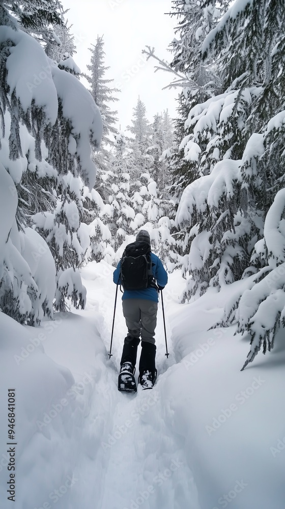 Poster snowshoer trekking through a snowy forest path surrounded by tall trees on a winter day in a remote 