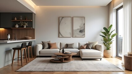 modern, comfortable interior design, living room, muted warm greys