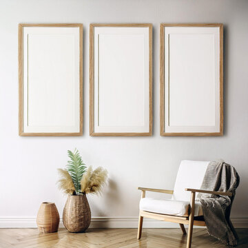
Ambiente minimalista, tons claros, parede branca, Moldura, triptico, de p&ocirc;ster mockup para quadros fineart. 