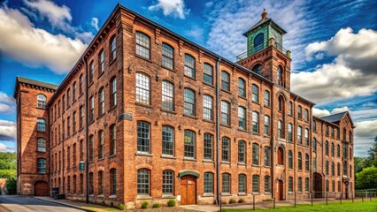 A historic cotton mill building stands tall, its rustic brick facade and ornate stone details a testament to industrial heritage and bygone era architecture.