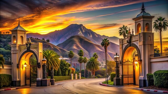 A iconic, ornate, and illuminated Hollywood studio gate at sunset, with a majestic mountain backdrop, symbolizing the glamour and legacy of American cinema.