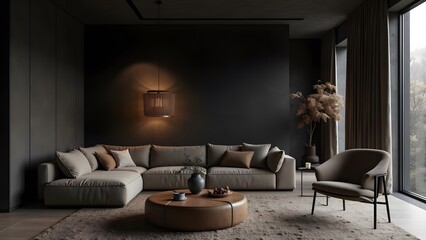 Black Minimalist Living Room with Cozy Ambiance and Elegant Wooden Elements