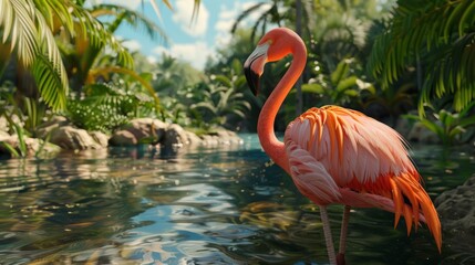 Fototapeta premium Flamingo in the foreground with natural landscape generative ai