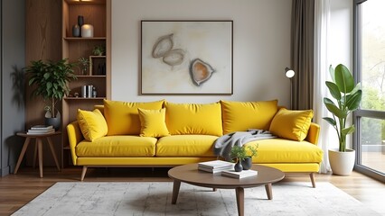  modern, comfortable interior with yellow sofa