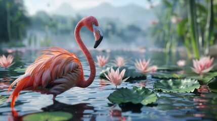 Fototapeta premium Flamingo in the foreground with natural landscape generative ai