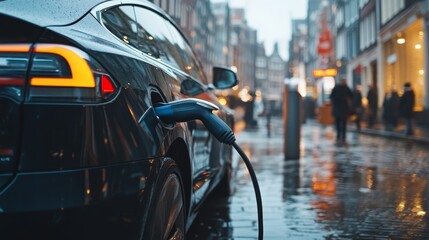 Naklejka premium Electric vehicle being charged