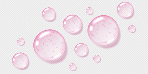 Pink serum drops, transparent gel droplets, realistic glossy liquid, moisturizing cosmetic product, hyaluronic acid concept. Vector illustration.