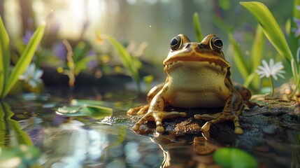 Frog closeup with natural landscape generative ai