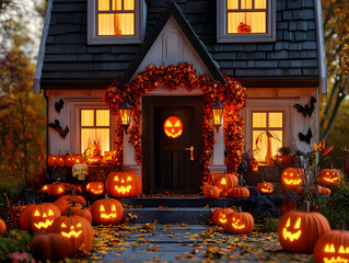 Obraz premium halloween decorated house with pumpkins. 3d rendering