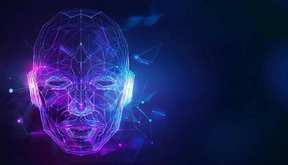 A digital wireframe face model made up of purple and blue interconnected glowing lines and dots, creating a 3D geometric head structure on a black background. Copy space on the right
