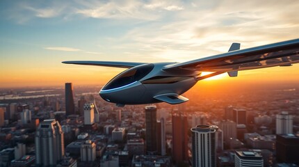 Urban mobility Revolution: fly cars Gliding at Sunset in a city