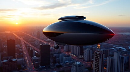 Fototapeta premium Urban mobility Revolution: fly cars Gliding at Sunset in a city