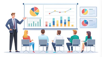 A modern and sleek vector illustration of a business presentation concept featuring colorful infographics, charts, and diagrams on a clean white background.