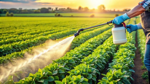 A modern agricultural electrostatic sprayer is held by a gloved hand, emitting a fine mist of pesticides or fertilizers over a lush green crop field.
