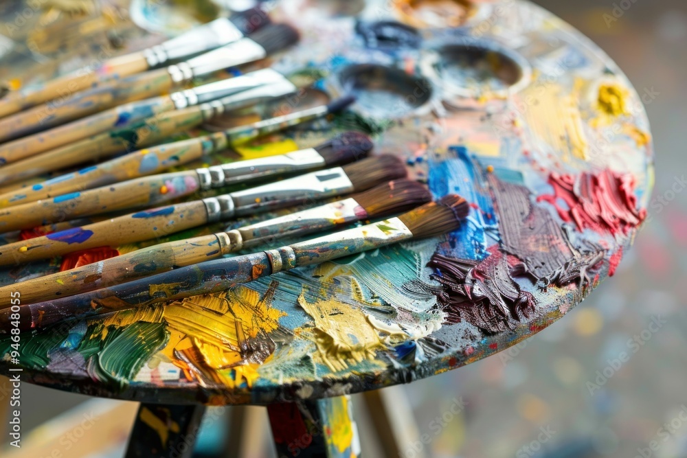 Aufkleber paintbrushes resting on a colorful palette after creating a work of art