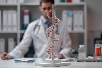Doctor Analyzing DNA Model in Medical Laboratory