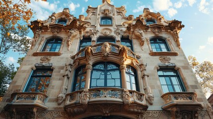 A realistic and professional photograph of a stunning Art Nouveau facade on a historic building