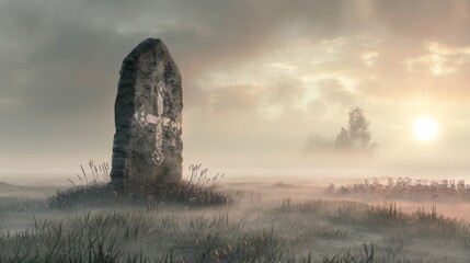 A realistic depiction of a rune stone standing alone in a foggy field at dawn