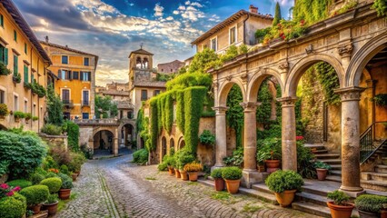 Fototapeta premium Ancient Roman architecture showcasing historic residences with ornate facades, columns, and arches, surrounded by lush greenery and cobblestone streets in a serene Italian landscape.