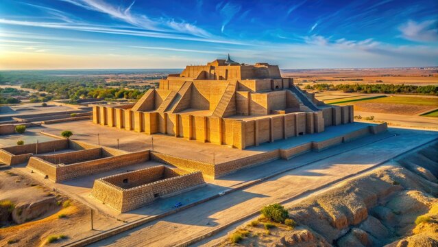 Ancient Mesopotamian ziggurat temple ruins in modern-day Iraq, surrounded by fertile plains and dry desert landscape, under a vibrant blue cloudless sky.