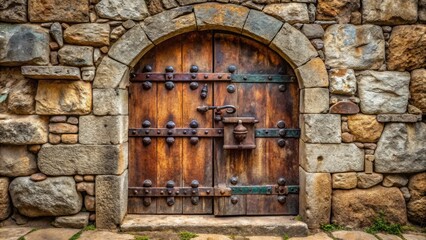 Ancient stone vault door with intricate iron hinges and rusty lock, set in a weathered stone wall, evoking a sense of mystery and secrecy.