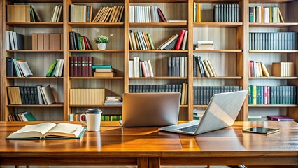 A neatly organized desk with a published book, open laptop, and scattered papers, surrounded by bookshelves, conveying a sense of research and writing productivity.