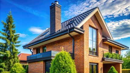 A newly constructed modern home features a sturdy brick chimney rising from the rooftop, surrounded by vibrant greenery and a sunny blue sky.