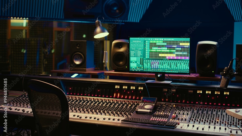 Poster Music recording studio control room with daw software used to mix and master audio tracks, empty soundproof professional space. Modern sliders on control panel board to edit sound waves.