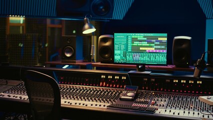 Music recording studio control room with daw software used to mix and master audio tracks, empty...