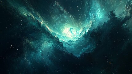 Fototapeta premium A mesmerizing cosmic scene filled with vibrant colors. Stars twinkle among swirling clouds of green and blue. This artistic representation invites exploration and imagination. AI