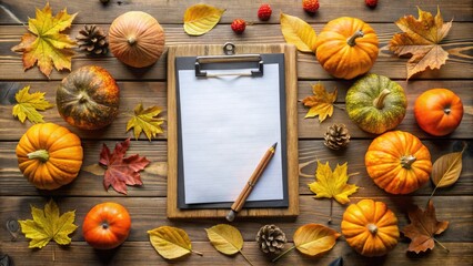 A organized clipboard holds a seasonal checklist with autumnal leaves and pumpkins, surrounded by craft supplies, inspiring creative Thanksgiving preparation and planning ideas.