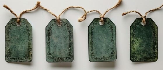 Four green tags with string on white background