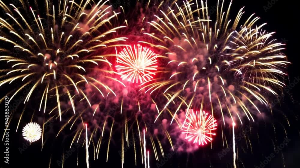 Poster A fireworks display with many different colors and shapes. The fireworks are lit up and are in the air