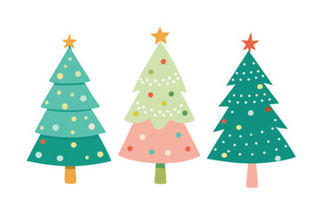 Set of watercolor christmas tree vector illustration. Collection of hand drawn cute decorative Christmas trees isolated on white background. Design for sticker, decoration, card, poster, artwork.