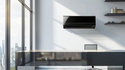 A contemporary office showcases a minimalistic design with a stylish air conditioning unit mounted on the wall, providing comfort and elegance while offering a scenic view of the city during the day