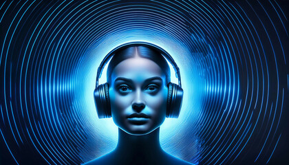 A digital humanoid with a female face wearing large headphones, illuminated by blue light, with concentric circular patterns in the background, captured in a front-facing view.