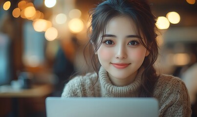 Happy young woman working remotely on virtual video team meeting call, remote work and flexible culture concept, smiling Asian female digital nomad freelancing on laptop from home, copy space 