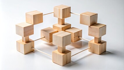 Fototapeta premium A precise arrangement of interconnected wooden blocks on a clean white background, symbolizing careful planning, strategic thinking, and methodical problem-solving in a modern business context.