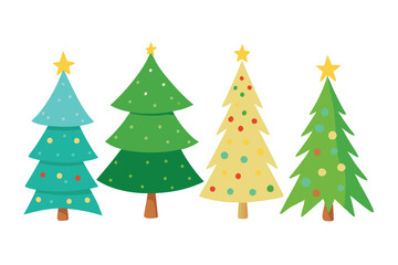 Set of watercolor christmas tree vector illustration. Collection of hand drawn cute decorative Christmas trees isolated on white background. Design for sticker, decoration, card, poster, artwork.