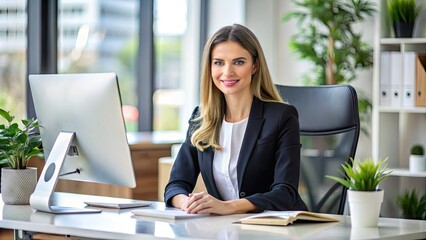 Fototapeta premium A professional female employee wearing a crisp white t-shirt under a blazer, sitting at a modern office desk with a computer and papers.