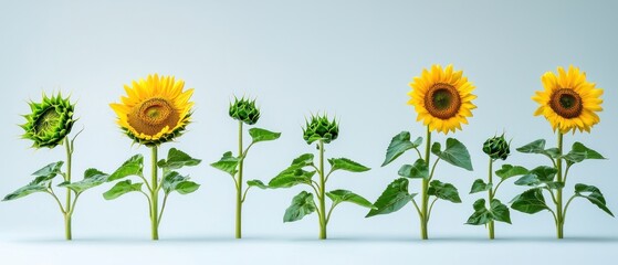 Six Sunflowers in Different Stages of Growth