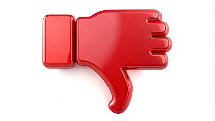 A red thumbs down symbol in a bold, modern design, isolated on a white background, conveying disapproval, rejection, or negative feedback.
