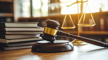 A close-up of a gavel resting on a wooden table next to law books. The scales of justice shine brightly in the background. This image represents legal matters and courtroom settings. AI