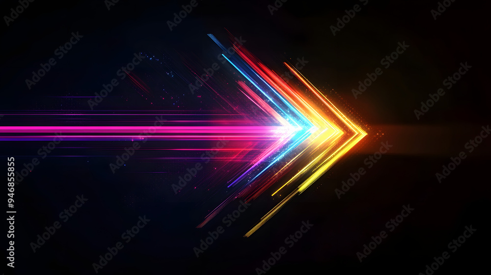 Poster a colorful arrow made of glowing light beams, pointing right at the center on a black background he 