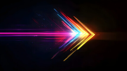 Fototapeta premium A colorful arrow made of glowing light beams, pointing right at the center on a black background he arrow forms an elegant and dynamic shape with a sense of motion and speed Generative AI